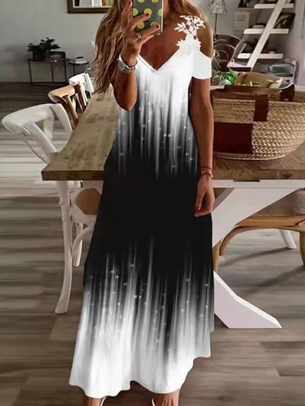 Casual Floral Print Panel V-Neck Short Sleeve Maxi Dress