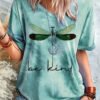 Round neck dragonfly print pullover short sleeve top