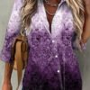 Women 3/4 Sleeve Shirt Collar Floral Printed Gradient Button Top Shirts