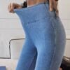 High elastic plain washed denim Leggings
