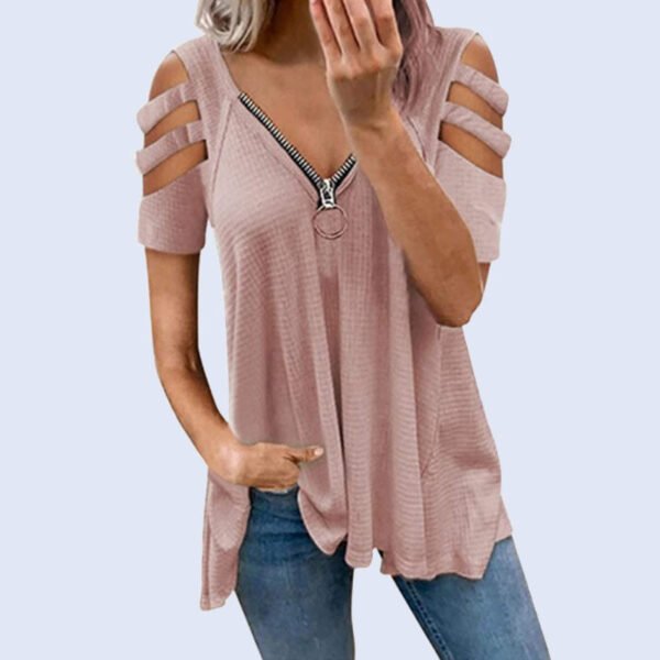 Sexy V-neck zipper solid color T-shirt