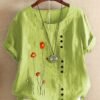 Plus Size Floral Print Round Neck Linen T-shirt, Women's Plus Casual Short Sleeve Tee