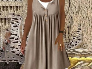 Khaki Sleeveless Button Front Smocked Twofer Mini Dress