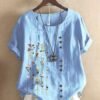 Plus Size Floral Print Button Decor Round Neck T-shirt, Women's Plus Casual Short Sleeve Tee