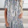 Women Short Sleeve Scoop Neck Striped Sequins Top