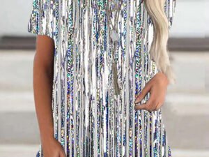 Women Short Sleeve Scoop Neck Striped Sequins Top
