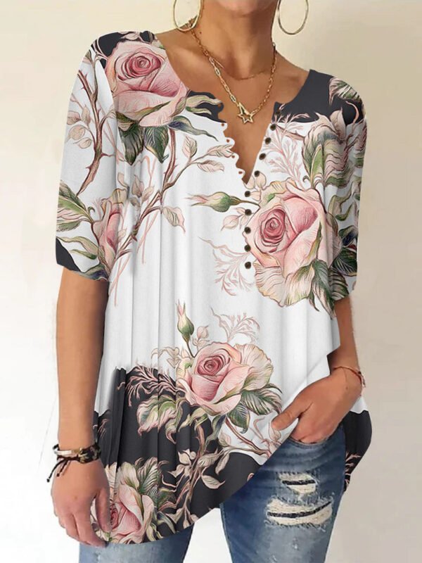 ecd84bbd75b72ddb445309b6f1d05ac2.jpg Women Half Sleeve V-neck Floral Printed Button Tops
