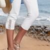 Plain color patterned elastic waist lace high elastic pants Capri Leggings