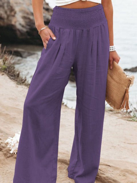 Casual Elastic Waist Cotton And Linen Wide Leg Trousers