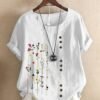 Plus Size Floral Print Button Decor Round Neck T-shirt, Women's Plus Casual Short Sleeve Tee