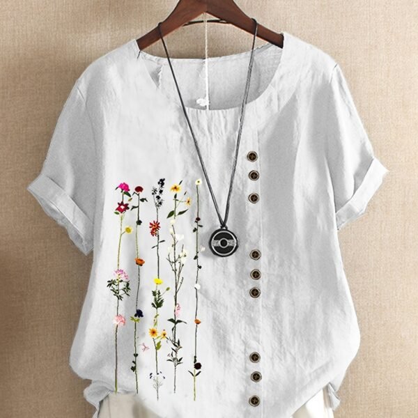 Plus Size Floral Print Button Decor Round Neck T-shirt, Women's Plus Casual Short Sleeve Tee