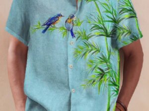 Cotton hemp Hawaiian Bamboo Leaf Parrot Men's Shirt