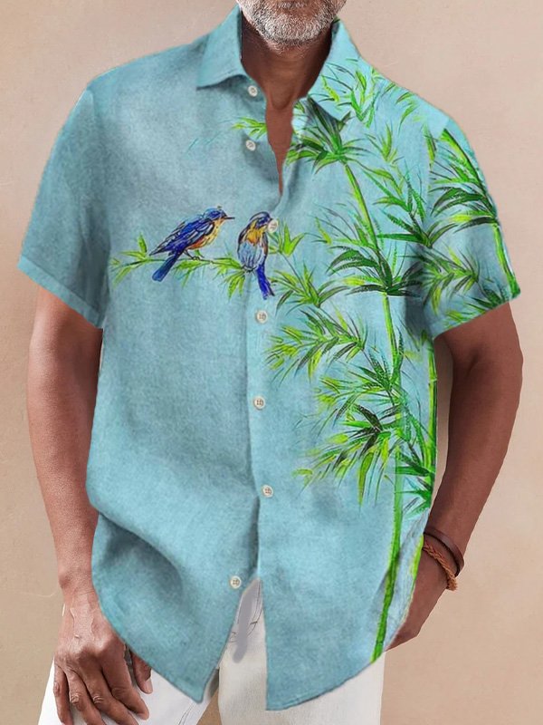 Cotton hemp Hawaiian Bamboo Leaf Parrot Men's Shirt