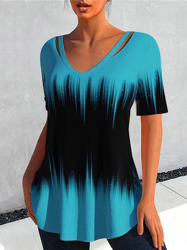 Women's Colorblock Key Hollow Short Sleeve V-neck Top