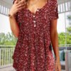 Women's Short Sleeve V-neck Red Printed Button Top