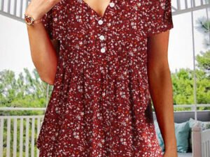Women's Short Sleeve V-neck Red Printed Button Top