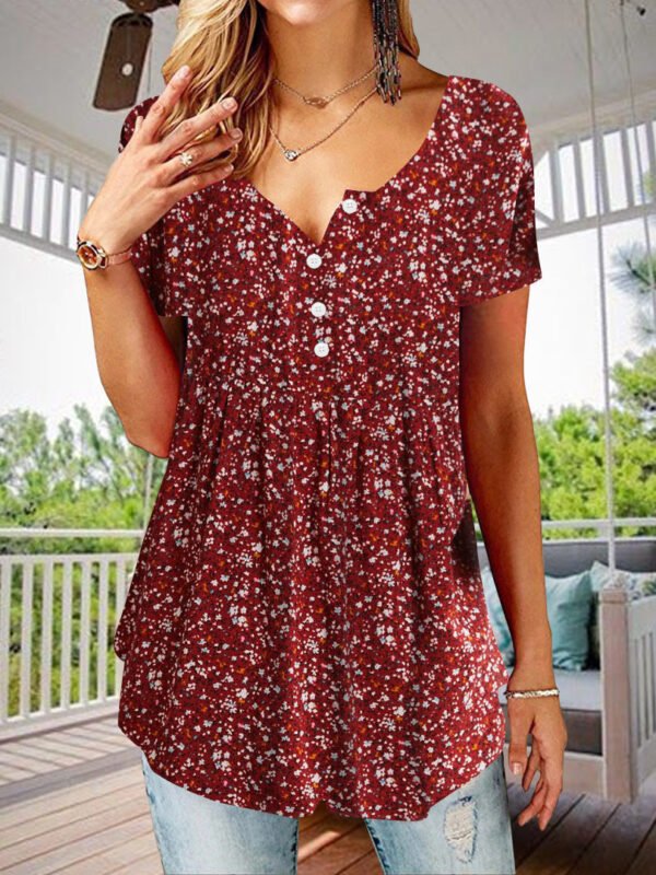 Women's Short Sleeve V-neck Red Printed Button Top