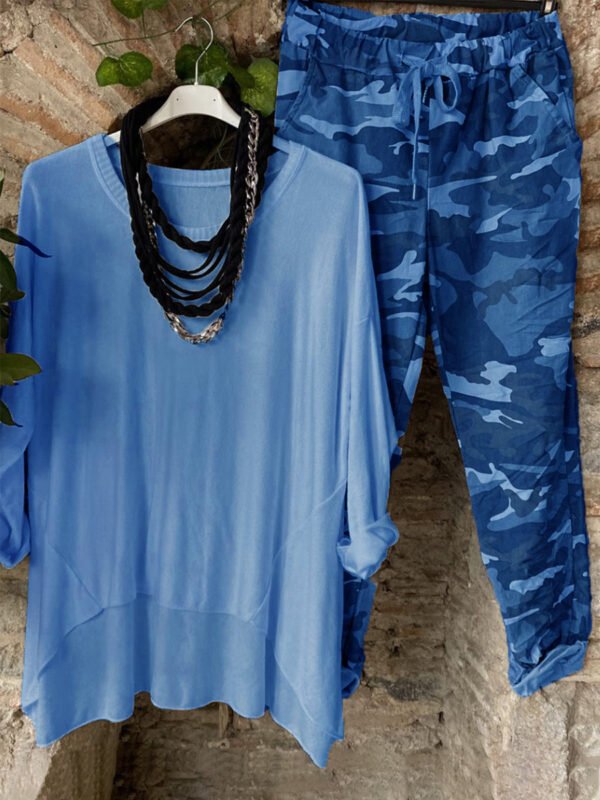 Crew Neck Solid Color Top With Camouflage Pants Set