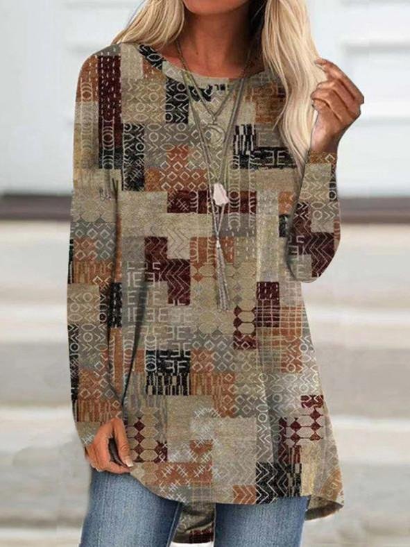 Women Long Sleeve Scoop Neck Graphic Geometric Top