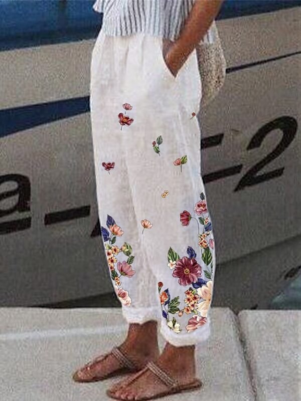 Women's Linen Pants Capri shorts Cotton And Linen White Pink Red Mid Waist Streetwear Casual Comfort Vacation Casual Daily Weekend Pocket Print Micro-elastic Long Comfort Floral S M L XL 2XL