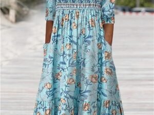 Women's Casual Dress A Line Dress Floral Dress Floral Pocket Print Crew Neck Midi Dress Fashion Streetwear Outdoor Daily 3/4 Length Sleeve Regular Fit Yellow Pink Blue Summer Spring S M L XL XXL