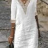 Women's Cotton Linen Dress Casual Dress Shift Dress Midi Dress Cotton And Linen Fashion Modern Outdoor Daily Vacation V Neck Patchwork Half Sleeve Summer Spring 2023 Regular Fit Gray Plain 3XL