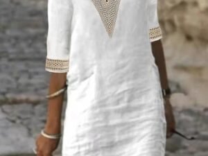 Women's Cotton Linen Dress Casual Dress Shift Dress Midi Dress Cotton And Linen Fashion Modern Outdoor Daily Vacation V Neck Patchwork Half Sleeve Summer Spring 2023 Regular Fit Gray Plain 3XL