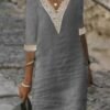 Women's Cotton Linen Dress Casual Dress Shift Dress Midi Dress Cotton And Linen Fashion Modern Outdoor Daily Vacation V Neck Patchwork Half Sleeve Summer Spring 2023 Regular Fit Gray Plain 3XL