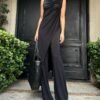 Sleeveless Asymmetric Top & Pants Black Two-Piece Suit