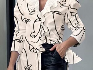 Ruffle Neck Long Sleeve Printed Shirt