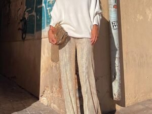 Casual Knit Top & Shiny Pants Two-Piece Set