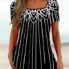 kjzyfh1678859013550.jpg Women's T shirt Tee Black White Pink Floral Striped Print Short Sleeve Casual Holiday Tunic Basic Square Neck Regular Floral Plus Size L