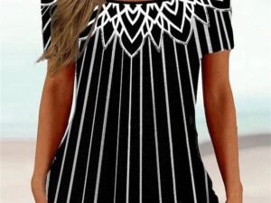 Women's T shirt Tee Black White Pink Floral Striped Print Short Sleeve Casual Holiday Tunic Basic Square Neck Regular Floral Plus Size L