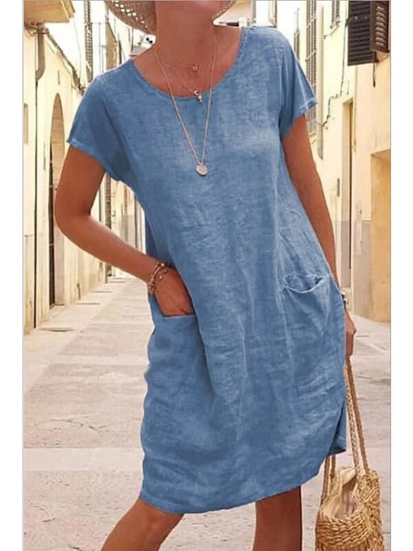 Women‘s Shift Dress Knee Length Dress Short Sleeve Pure Color Pocket Spring Summer Crew Neck Basic Casual Classic Loose 2023 S M L XL 2XL 3XL 4XL 5XL / Cotton