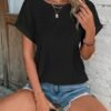 Women's T shirt Tee White Eyelet Tops Light Blue Black White Plain Cut Out Short Sleeve Daily Weekend Basic Round Neck Regular Cotton S