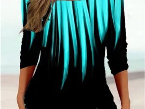 Women's T shirt Tee Black Blue Green Color Gradient Print 3/4 Length Sleeve Daily Weekend Basic Square Neck Regular Painting S