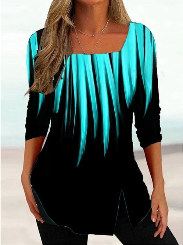 Women's T shirt Tee Black Blue Green Color Gradient Print 3/4 Length Sleeve Daily Weekend Basic Square Neck Regular Painting S
