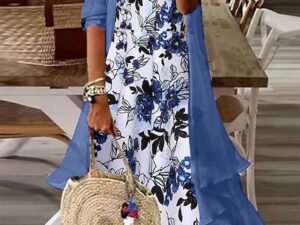 Women's Two Piece Dress Set Casual Dress Dress Set Outdoor Daily Fashion Casual Print Maxi Dress V Neck Half Sleeve Leaf Floral Regular Fit Blue Summer Spring S M L XL XXL