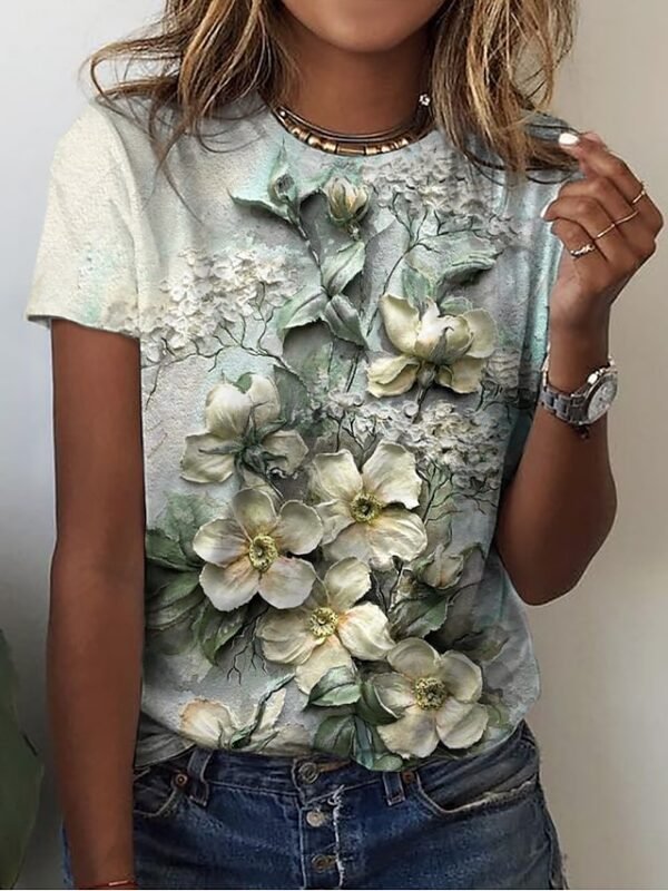 Women's T shirt Tee Yellow Pink Blue Floral Print Short Sleeve Holiday Weekend Basic Round Neck Regular Floral Painting S