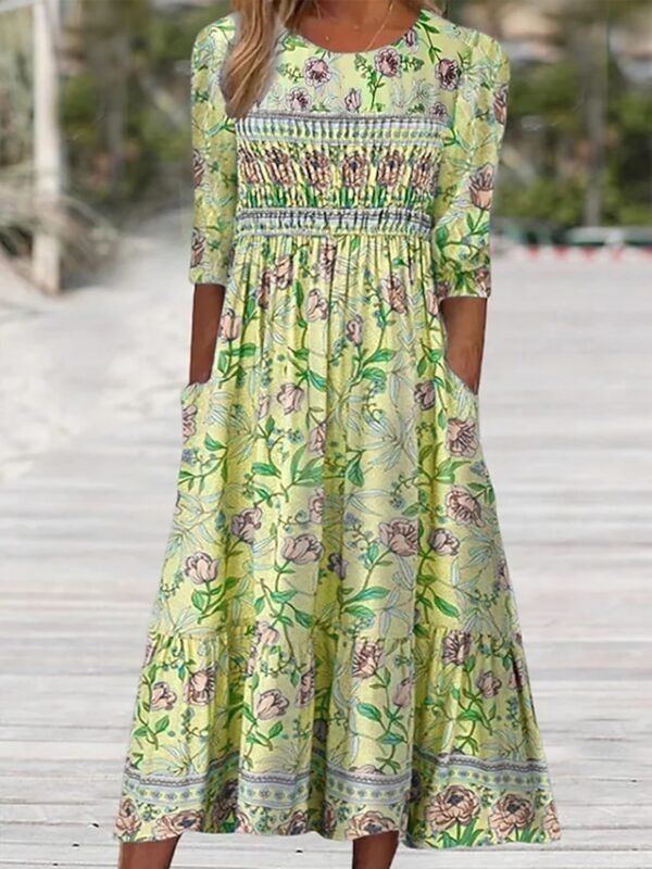 Women's Casual Dress A Line Dress Floral Dress Floral Pocket Print Crew Neck Midi Dress Fashion Streetwear Outdoor Daily 3/4 Length Sleeve Regular Fit Yellow Pink Blue Summer Spring S M L XL XXL