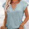 Women's T shirt Tee Light Blue Black White Plain Button Short Sleeve Casual Basic V Neck Regular S