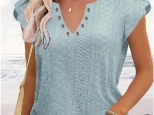 Women's T shirt Tee Light Blue Black White Plain Button Short Sleeve Casual Basic V Neck Regular S