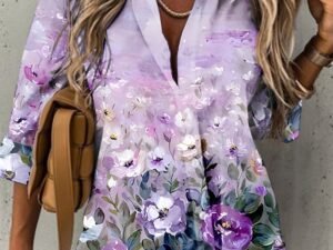 Women's Shirt Blouse Pink Blue Purple Floral Button Print Long Sleeve Casual Holiday Basic Shirt Collar Regular Floral S