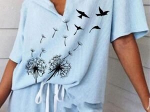 Women's Loungewear Sets Flower Fashion Casual Street Date Airport Polyester Breathable V Wire Short Sleeve T shirt Tee Shorts Summer Spring Blue