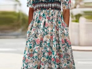 Women's Casual Dress Summer Dress Boho Dress Floral Ruched Pocket Crew Neck Midi Dress Fashion Modern Outdoor Daily Short Sleeve Regular Fit Pink Dark Blue Light Blue Summer Spring S M L XL XXL