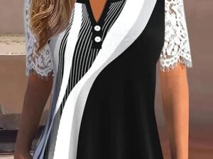 Women's Shirt Blouse Black Graphic Lace Button Short Sleeve Casual Basic V Neck Regular S