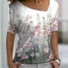 Women's T shirt Tee White Floral Print Short Sleeve Holiday Weekend Basic V Neck Regular Floral Painting S