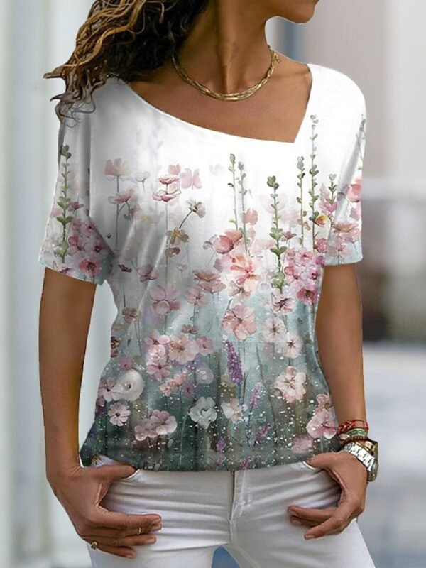 Women's T shirt Tee White Floral Print Short Sleeve Holiday Weekend Basic V Neck Regular Floral Painting S