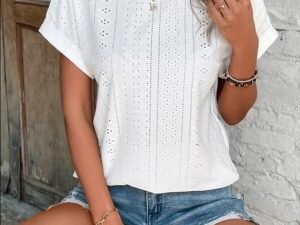 Women's T shirt Tee White Eyelet Tops Light Blue Black White Plain Cut Out Short Sleeve Daily Weekend Basic Round Neck Regular Cotton S