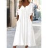 Women's Casual Dress Shift Dress White Dress Midi Dress White Short Sleeve Pure Color Button Summer Spring V Neck Basic Vacation Loose Fit 2023 S M L XL XXL 3XL #9223970
